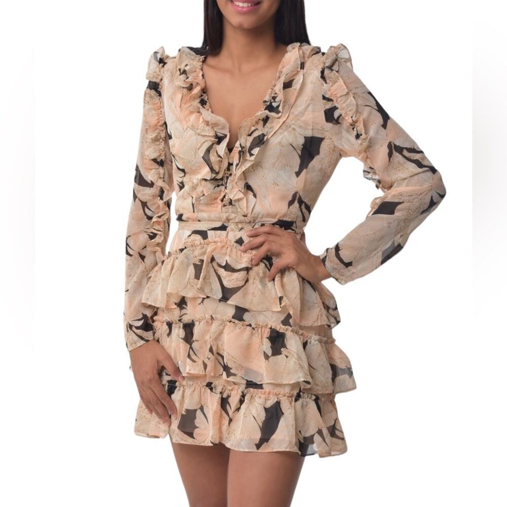 Luxxel Blush Floral Ruffle Mini Dress Romantic Cottagecore Wedding Guest Large